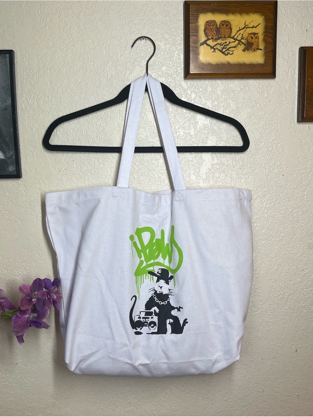 White Canvas Tote with Green Graffiti Rat Print